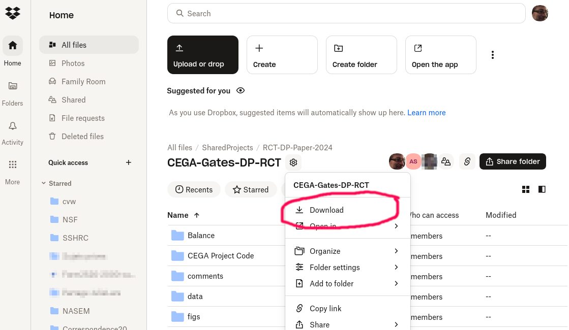 Dropbox download menu