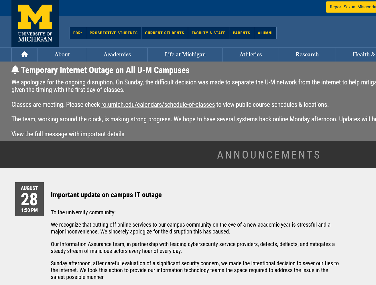 Screenshot of Umich website